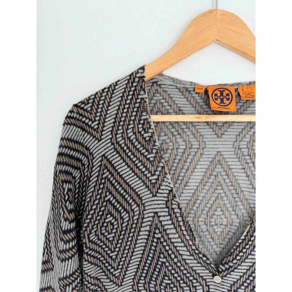 Tory Burch Wool Cardigan Small Gray‎ Tan Geometric Diamond Button Up Sweater